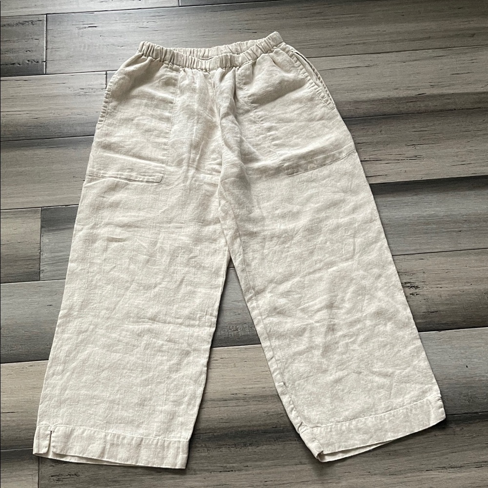 Chicos Beige Linen Wide Leg Pants Size 0 Pockets Pull-On